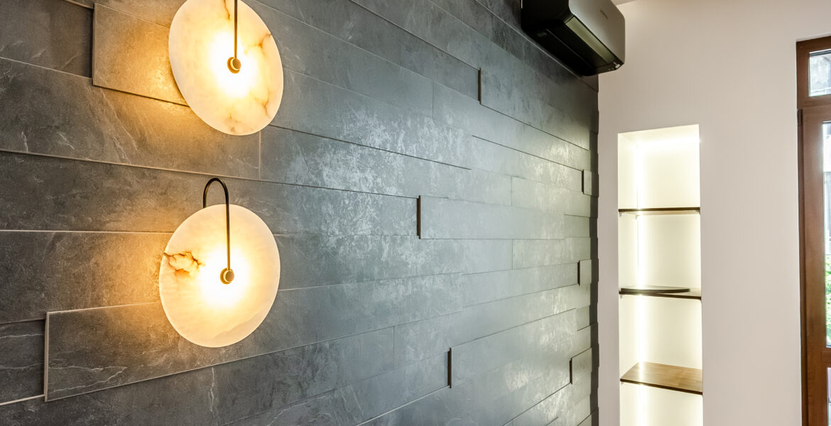Custom feature wall with decorative lighting